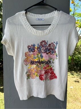 Just One Cream Floral Embroidered Short-Sleeve Crewneck Sweater